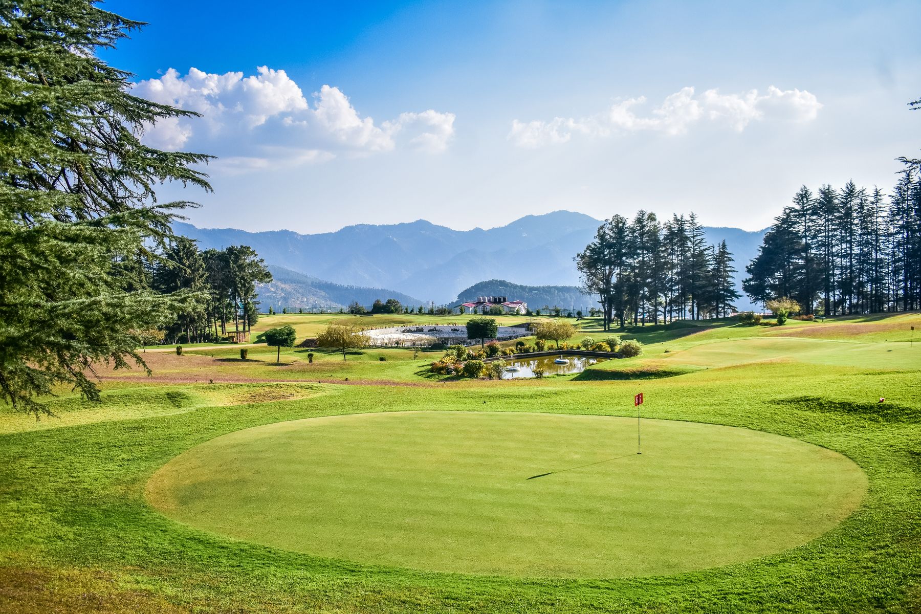 A green framed by pines with the mountains behind, Club de Campo Mendoza