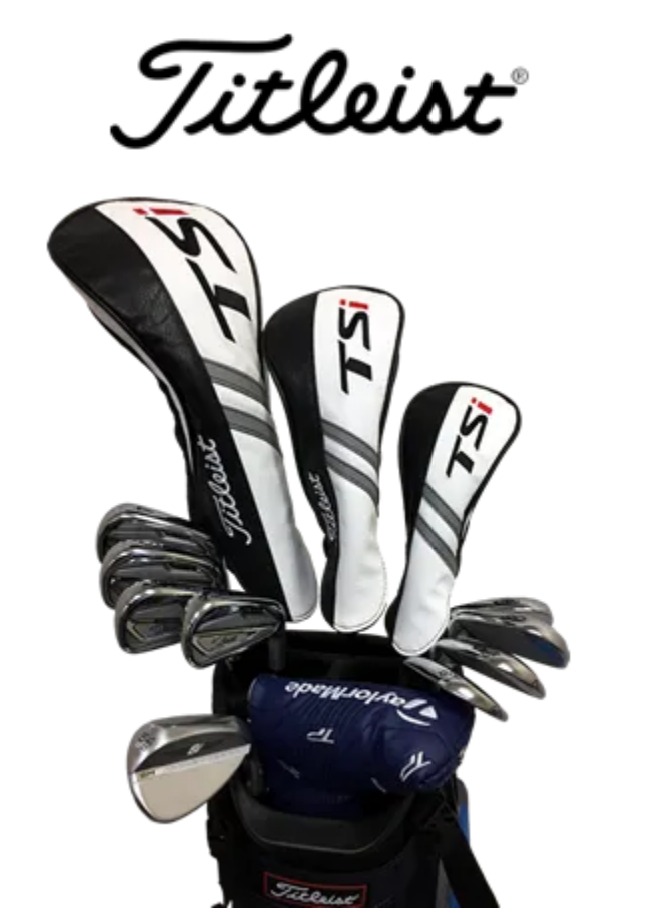 Titleist TSi driver, fairway wood and hybrid headcovers with a full set of irons in a golf bag